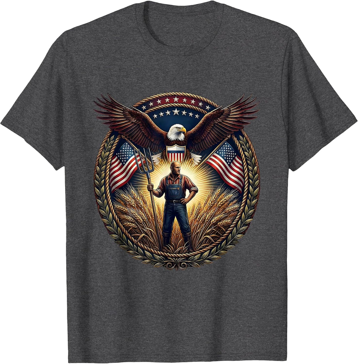 Men's Farmer Pitchfork Wheat Field Harvest Illustration T-Shirt - Dark Heather Grey