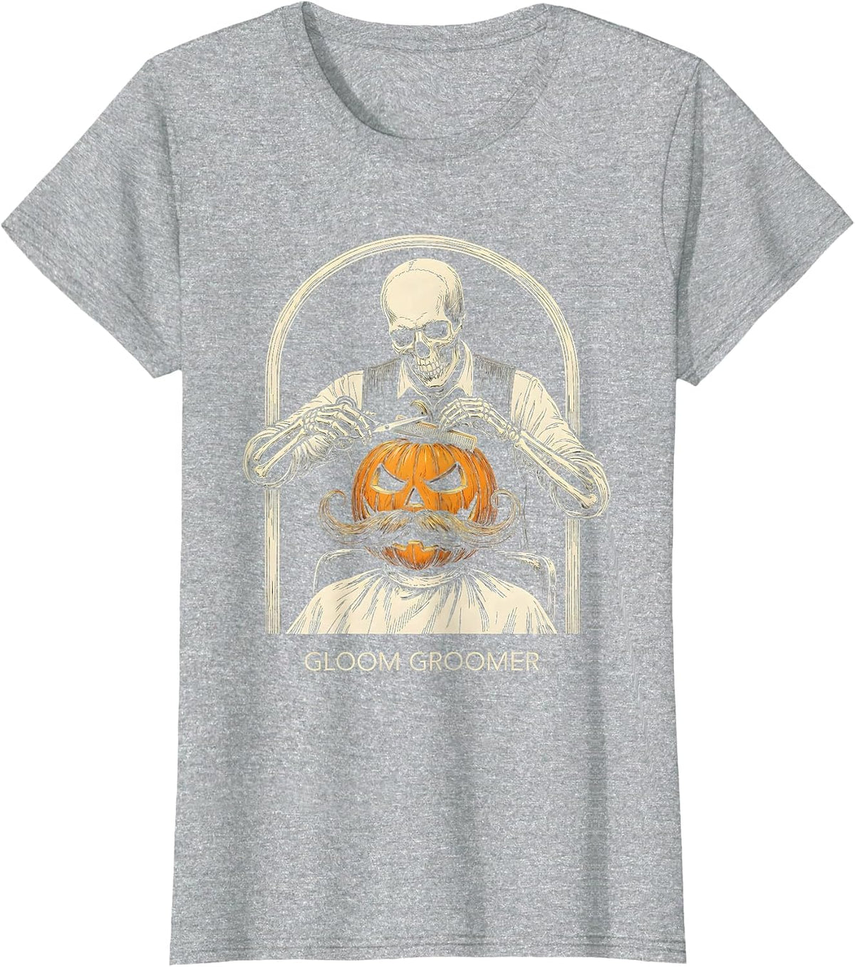 Women's Gloom Groomer Skeleton Barber Halloween Hairstylist Humor T-Shirt - Heather Grey