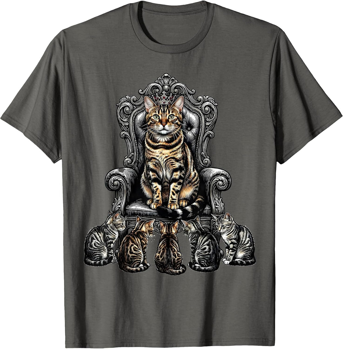 Bengal Cat Royal Crown Loyal Subjects Illustration T-Shirt - Asphalt Grey