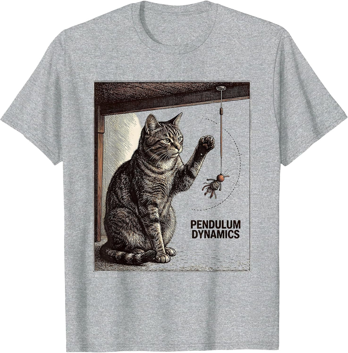 Men's Pendulum Dynamics Funny Cat Physics Humor Science Teacher T-Shirt - Heather Grey