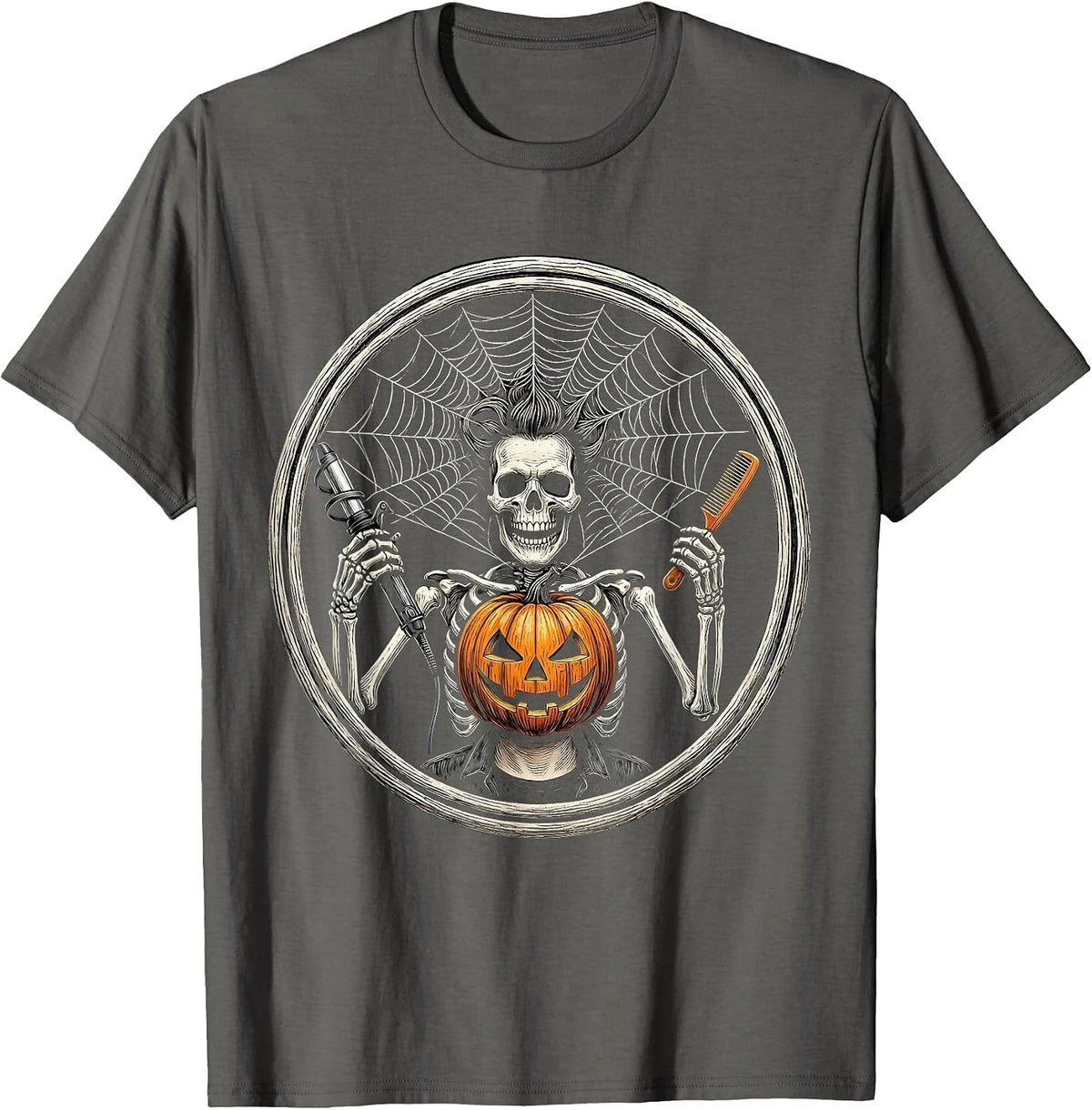 Men's Skeleton Hairstylist Pumpkin Barber Halloween Humor T-Shirt - Asphalt Grey