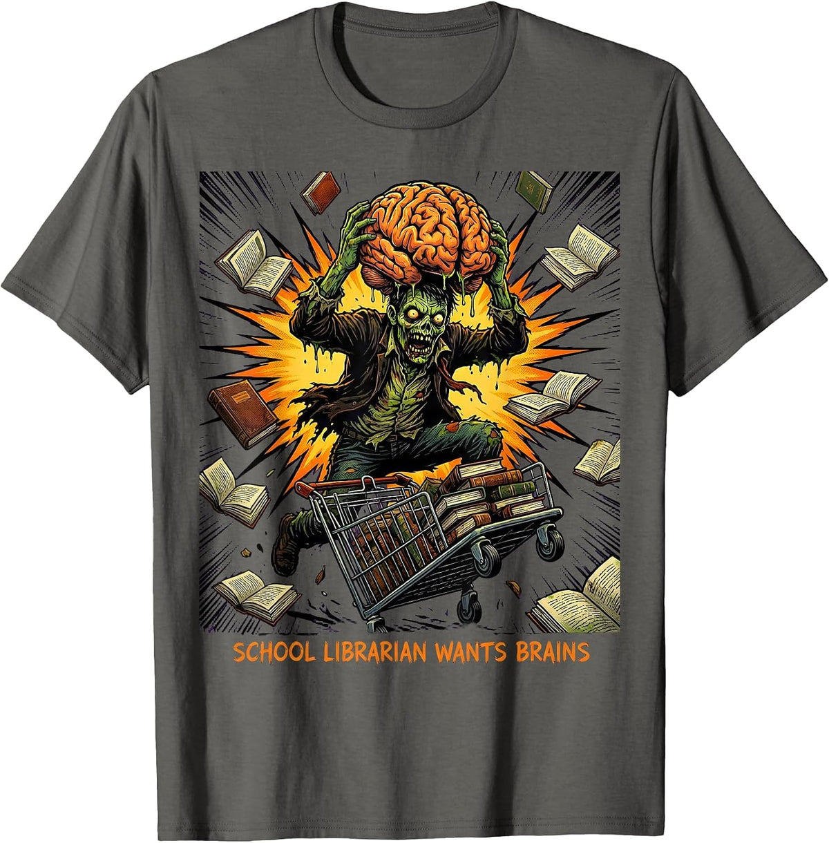 Men's School Librarian Wants Brains Comic Book Zombie Teacher T-Shirt - Asphalt Grey