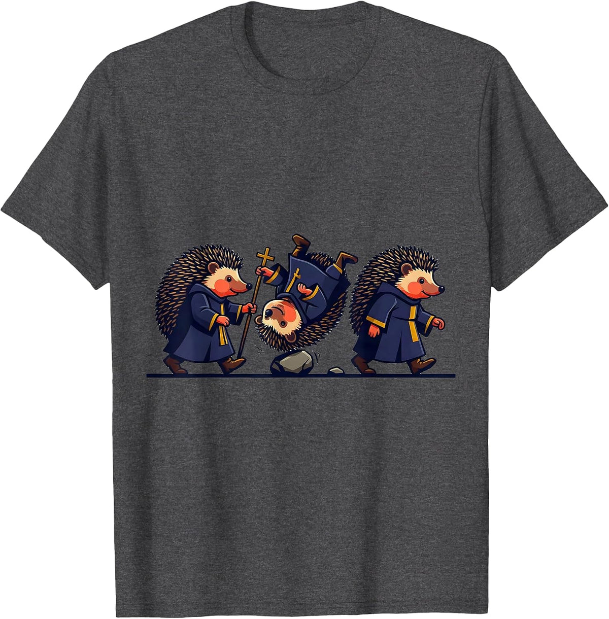 Hedgehog Pilgrims Tumbling Faith Mascot Logo T-Shirt - Dark Heather Grey
