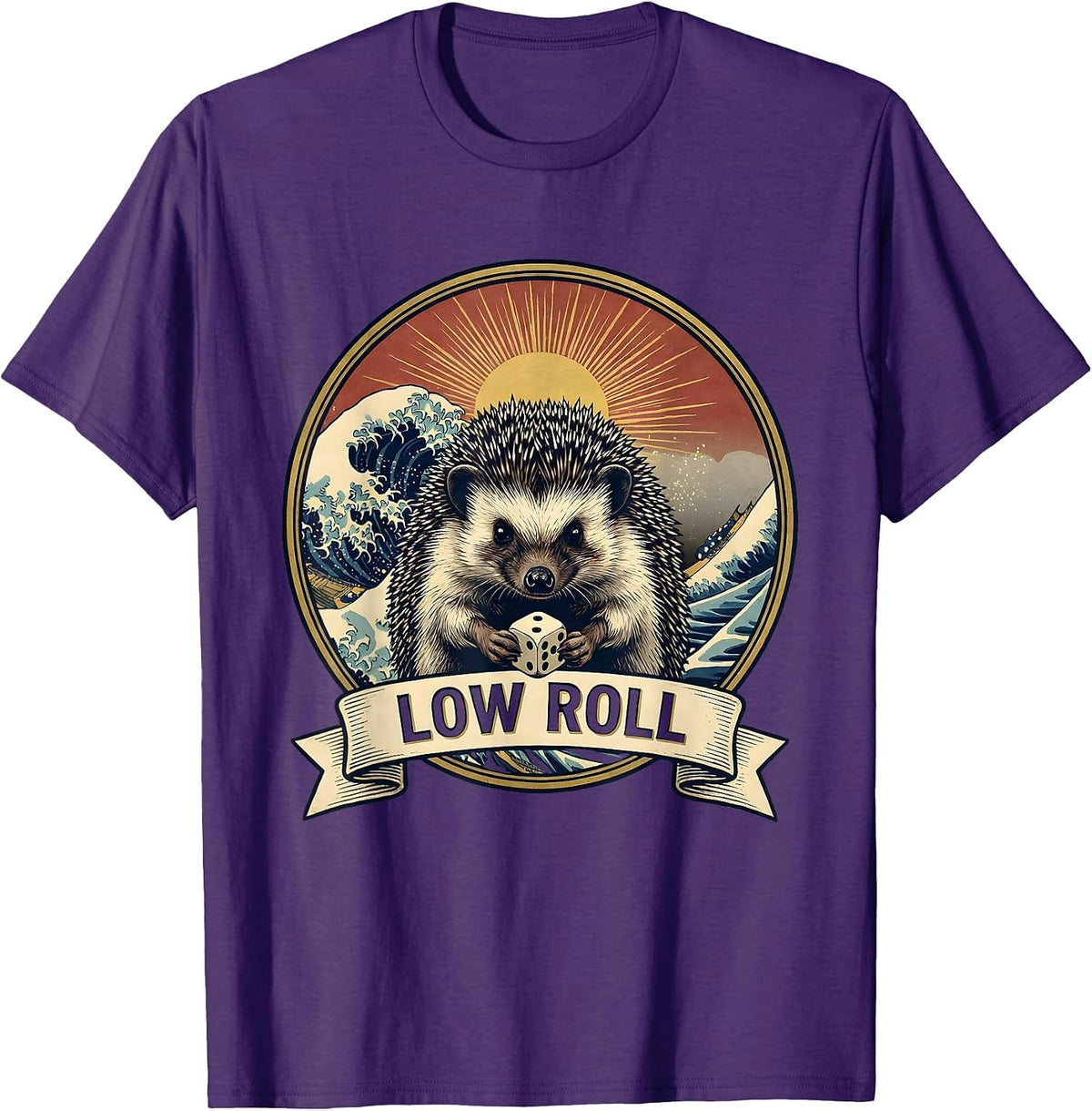 Men's Low Roll Solitary Hedgehog Gamer Frog Ukiyo-e Novelty T-Shirt - Purple