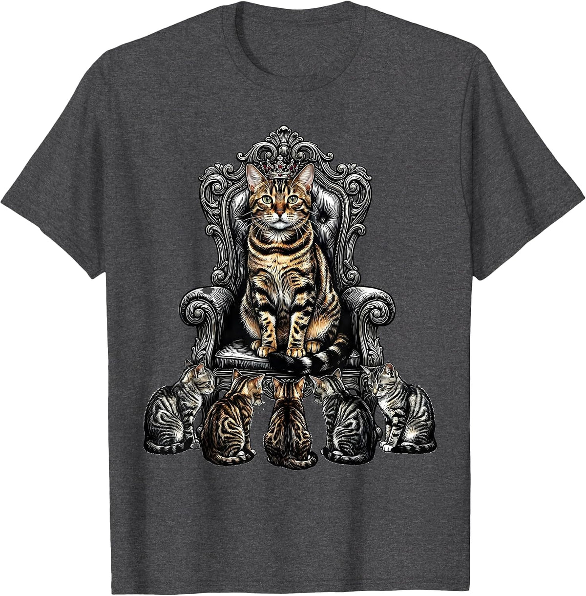 Bengal Cat Royal Crown Loyal Subjects Illustration T-Shirt - Dark Heather Grey