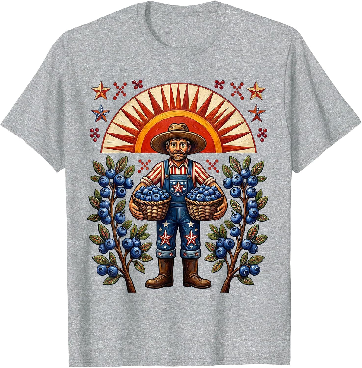 Men's Patriotic Blueberry Harvest Sunrise Farmer Design T-Shirt - Heather Grey
