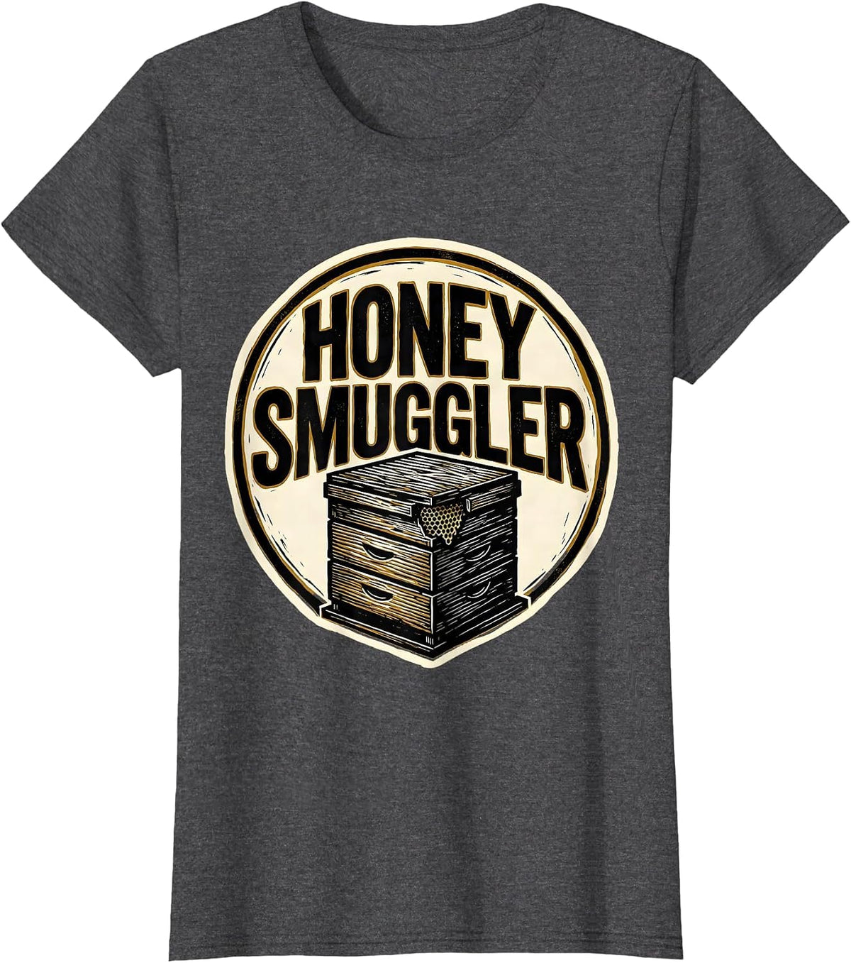 Women's Honey Smuggler Linocut Beekeeper Humor Vintage Craft Pride T-Shirt - Dark Heather Grey
