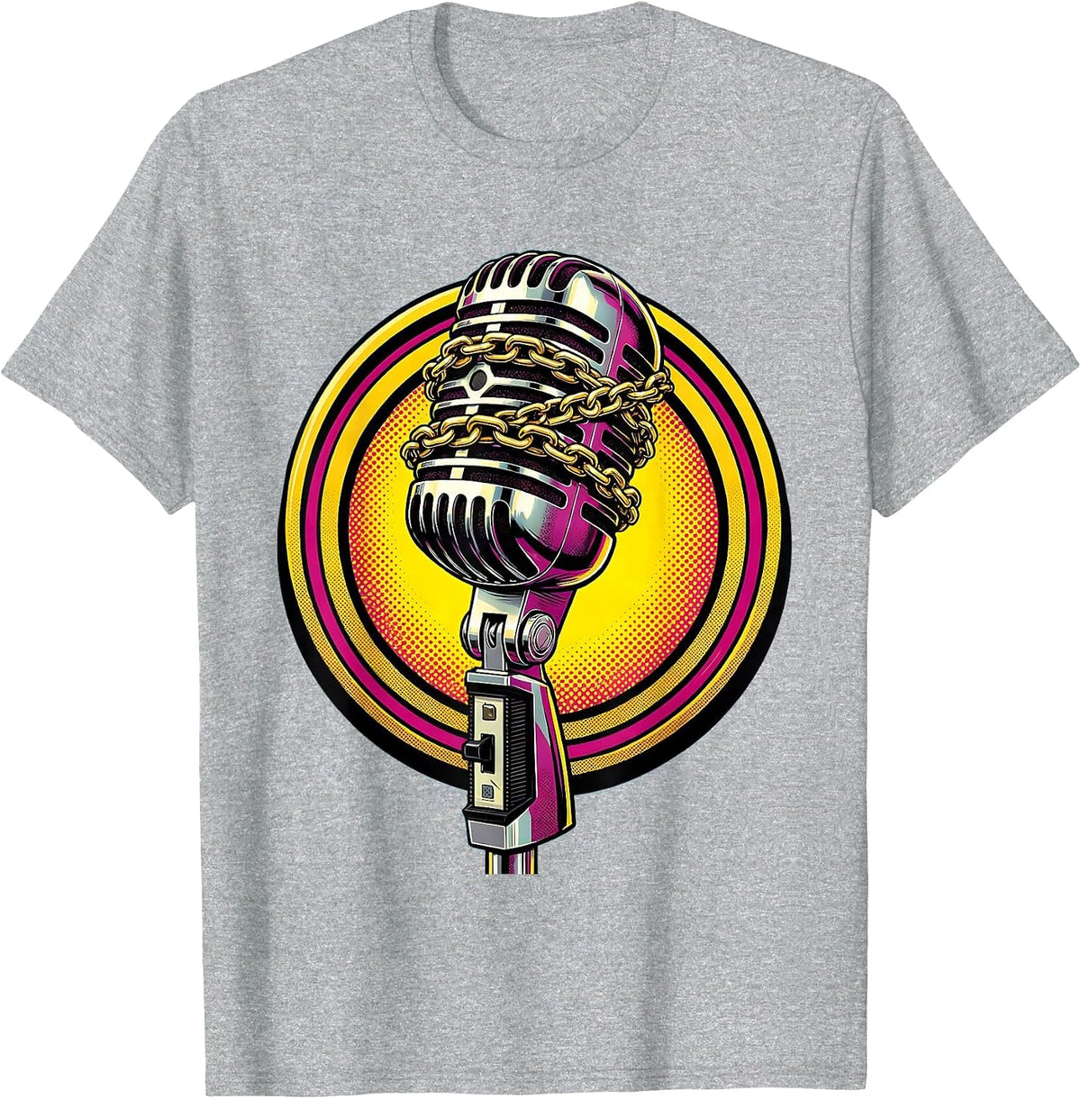 Men's Gold Chain Microphone Hip Hop Graphic Tee T-Shirt - Heather Grey