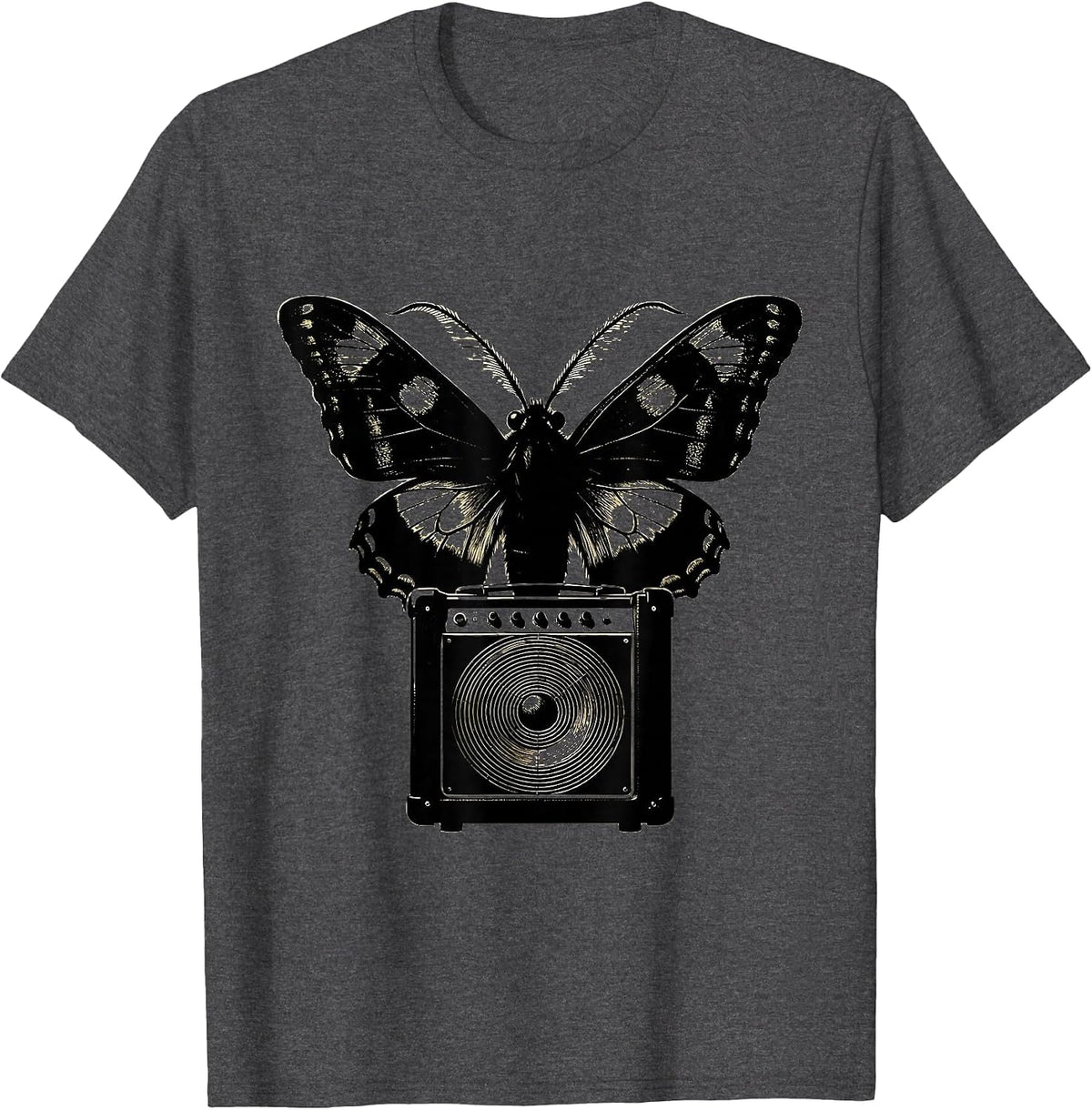 Moth and Glowing Amp Light Rock Music Graphic T-Shirt - Dark Heather Grey