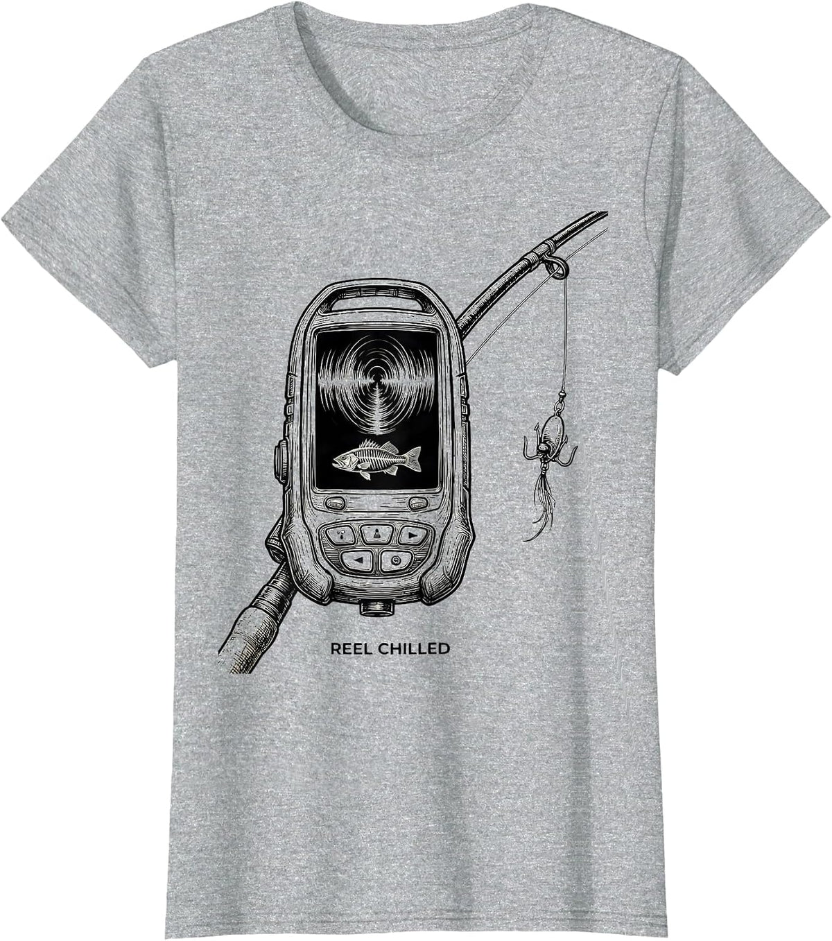 Reel Chilled Line Art Spooky Halloween Fishing Ghost T-Shirt - Heather Grey