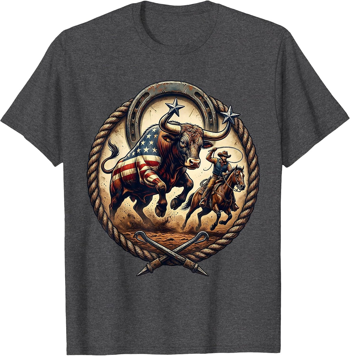 Bull Riding Rodeo Cowboy Graphic Tee T-Shirt - Dark Heather Grey