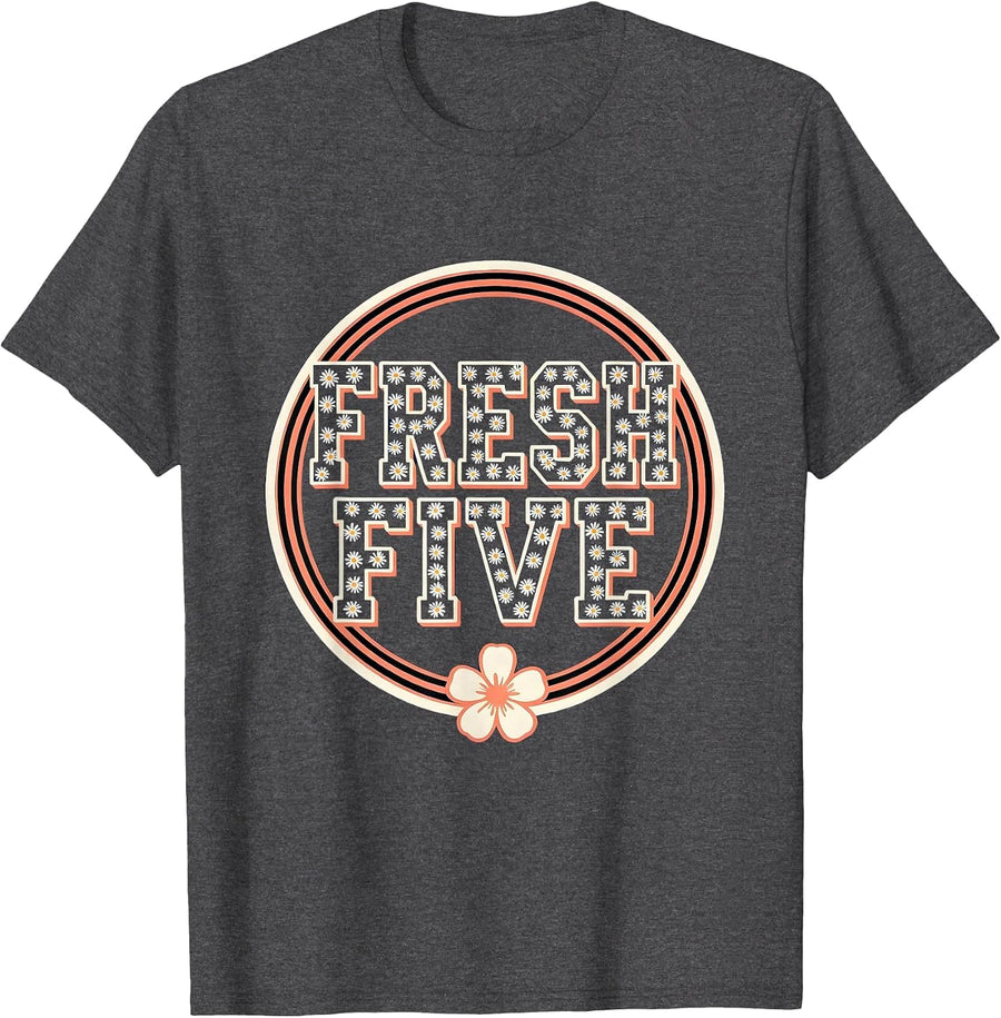 Men's FRESH FIVE Retro Flower Power Fifth 5th Grade Back To School T-Shirt - Dark Heather Grey