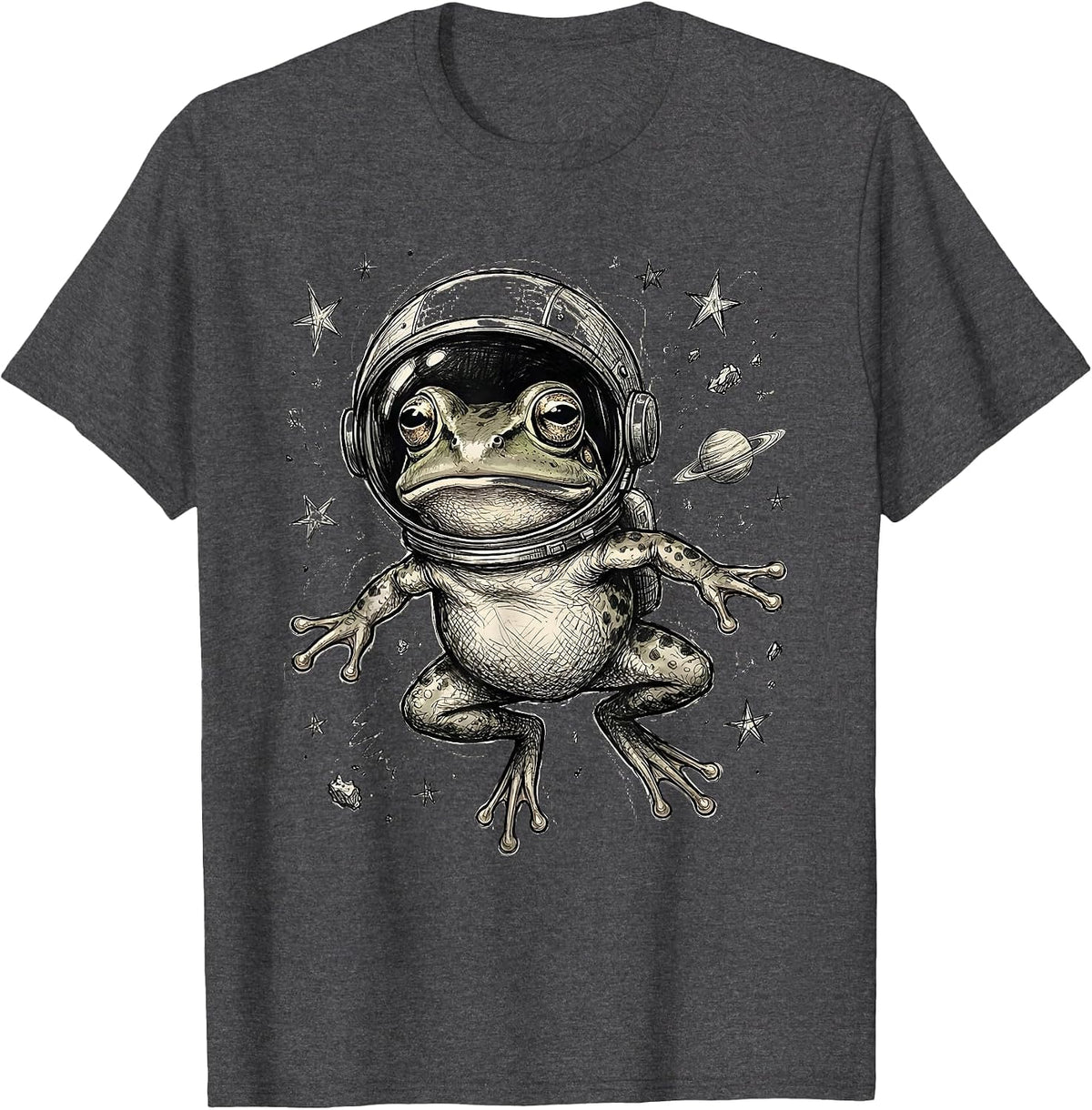 Space Frog Astronaut Helmet Floating in Galaxy T-Shirt - Dark Heather Grey