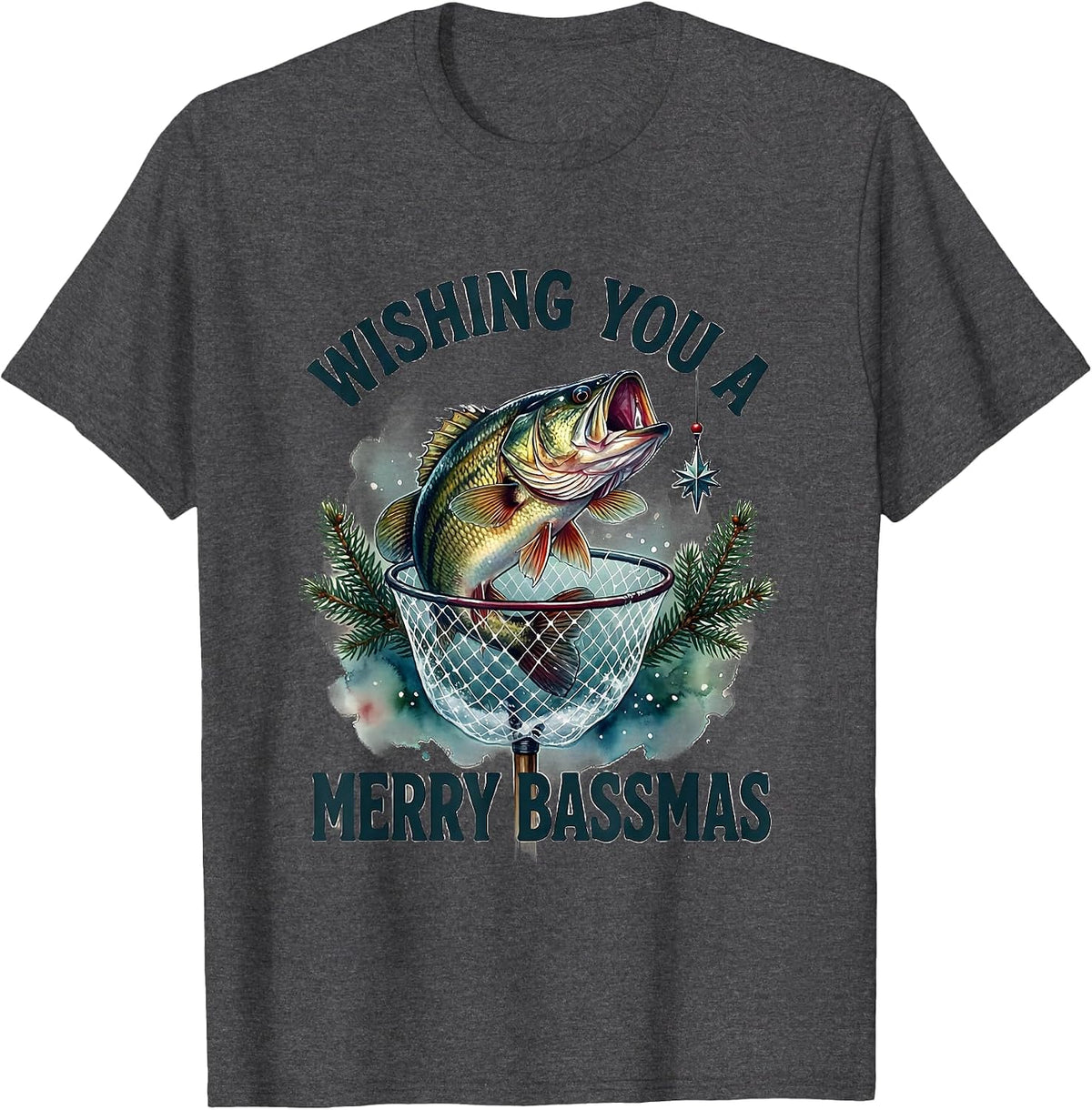 Wishing You a Merry Bassmas Funny Christmas Fishing Humor T-Shirt - Dark Heather Grey