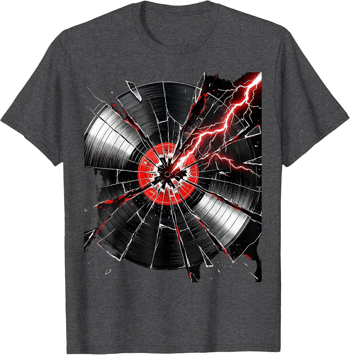 Cracked Vinyl Record Lightning Rock Graphic Tee T-Shirt - Dark Heather Grey