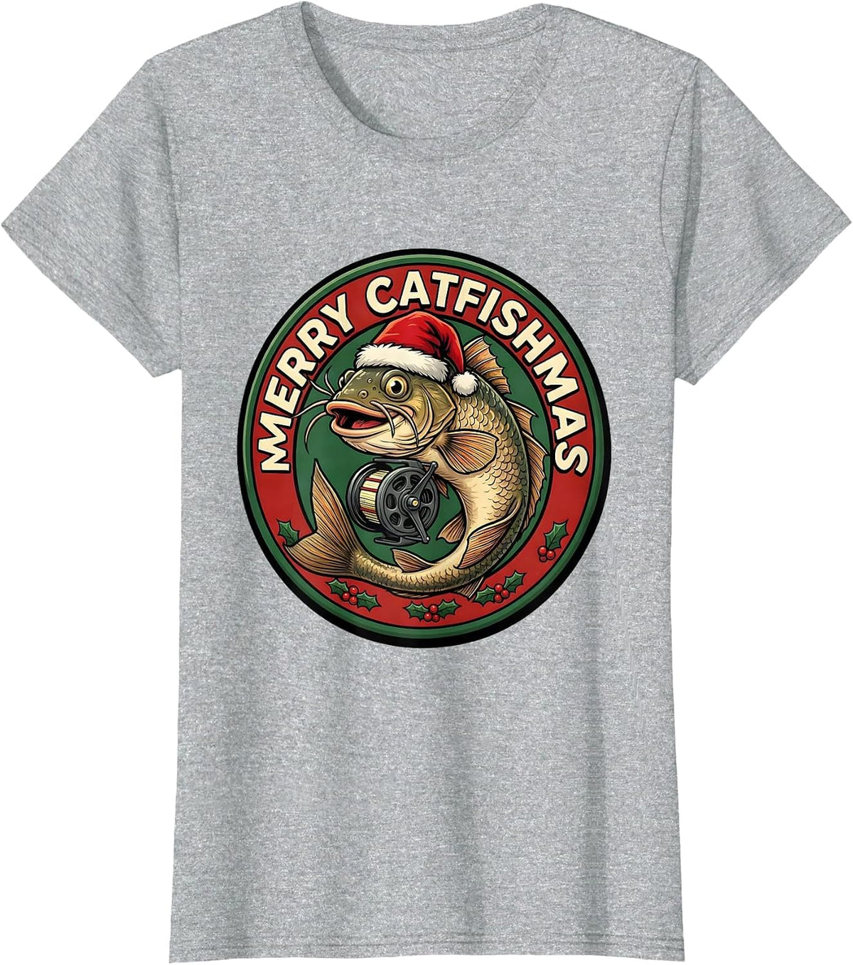 Women's Merry Catfishmas Funny Fishing Christmas Ugly Sweater Dad T-Shirt - Heather Grey