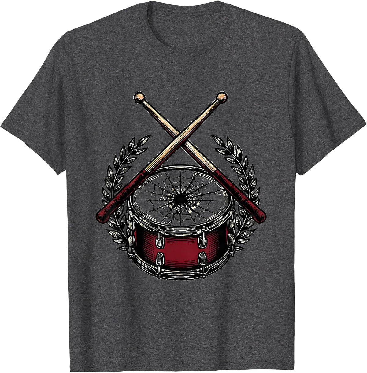 Men's Crossed Drumsticks Cracked Snare Drum Illustration T-Shirt - Dark Heather Grey