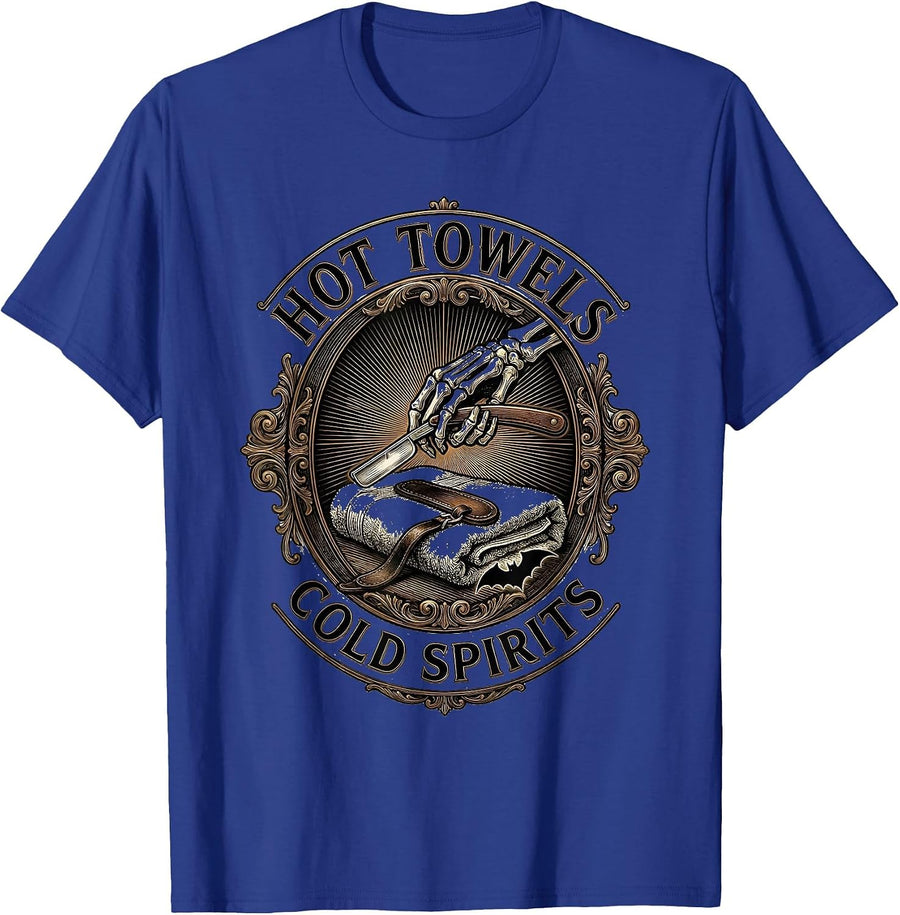 Hot Towels Cold Spirits Funny Skeleton Hairdresser Halloween T-Shirt - Royal Blue