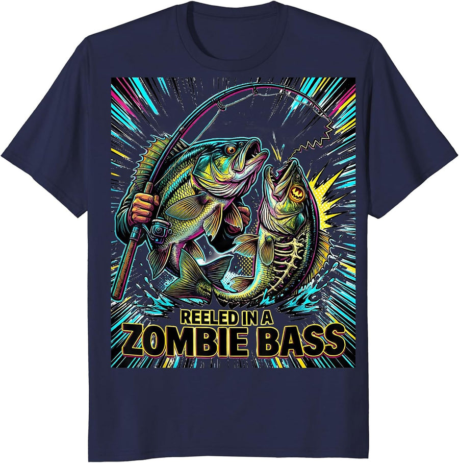 Reeled In A Zombie Bass Pop Art Halloween Fishing Men Boys T-Shirt - Navy Blue