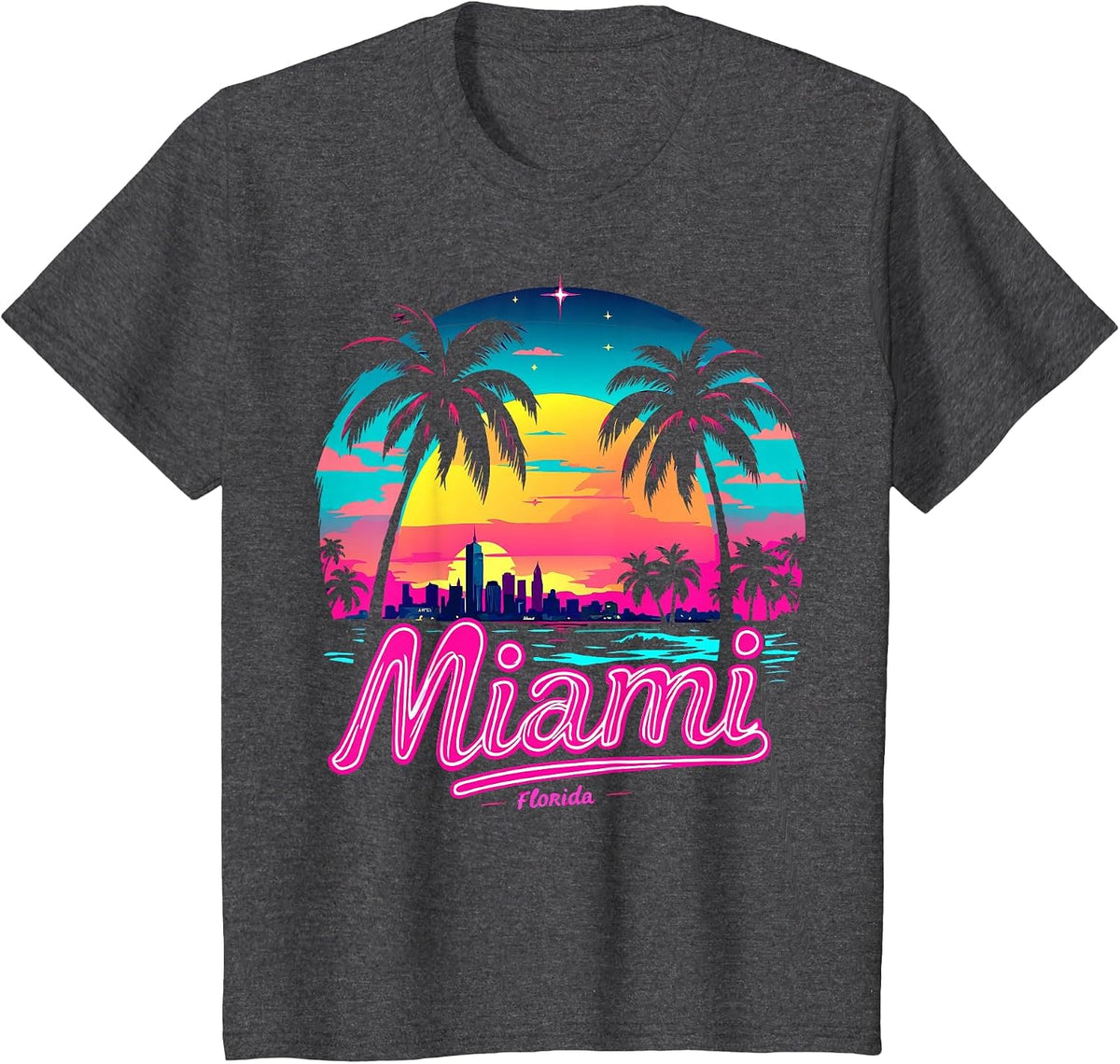 Vintage Miami Beach – Retro 305 Florida Sunset Graphic T-Shirt - Dark Heather Grey
