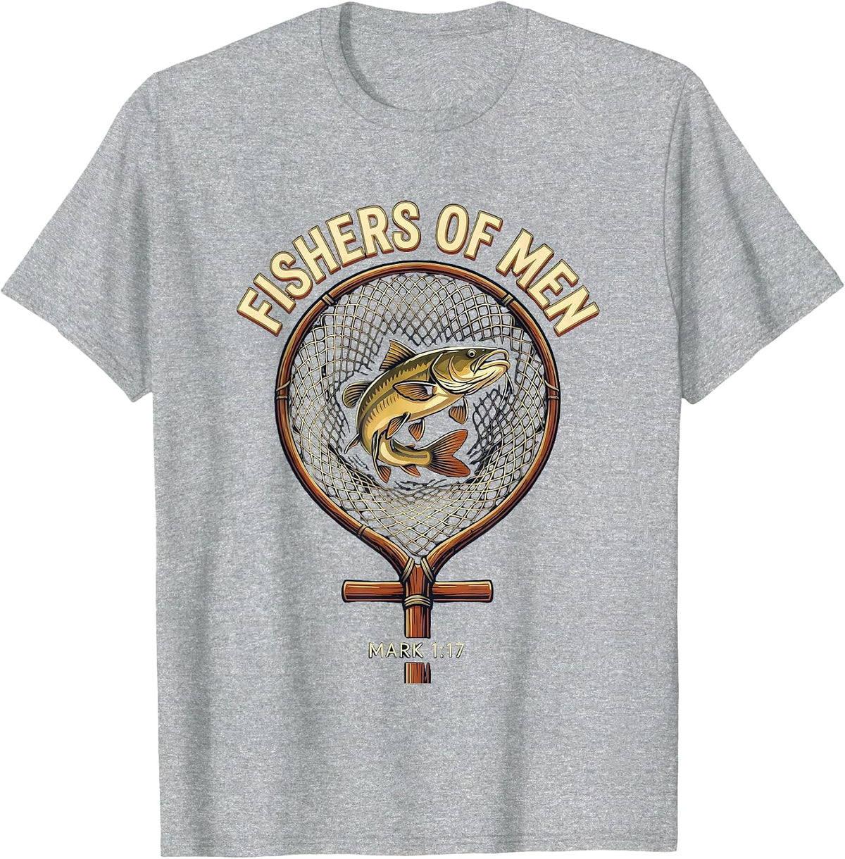 Men's Fishers Of Men Mark 1:17 Christian Fishing Humor Emblem T-Shirt - Heather Grey