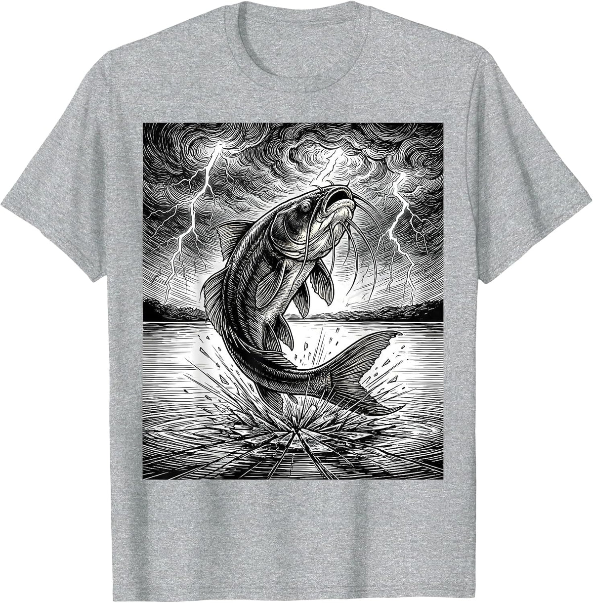 Men's Catfish Leaping From Lake Into Storm Graphic T-Shirt - Heather Grey