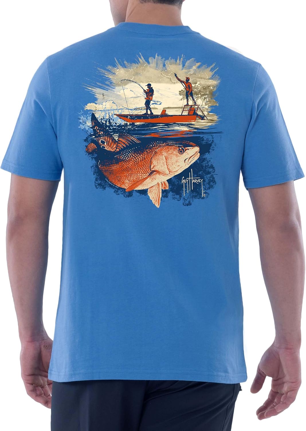Guy Harvey Men’s Short Sleeve OG Cotton Graphic T-Shirt - Azure Blue\/Redfish Tailing