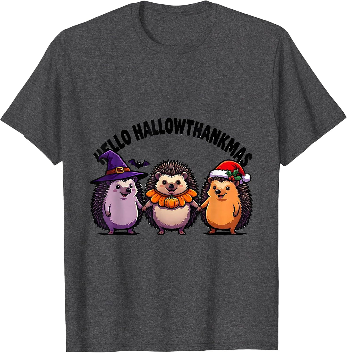Hello HallowThankmas Cartoon Holiday Mashup Halloween T-Shirt - Dark Heather Grey