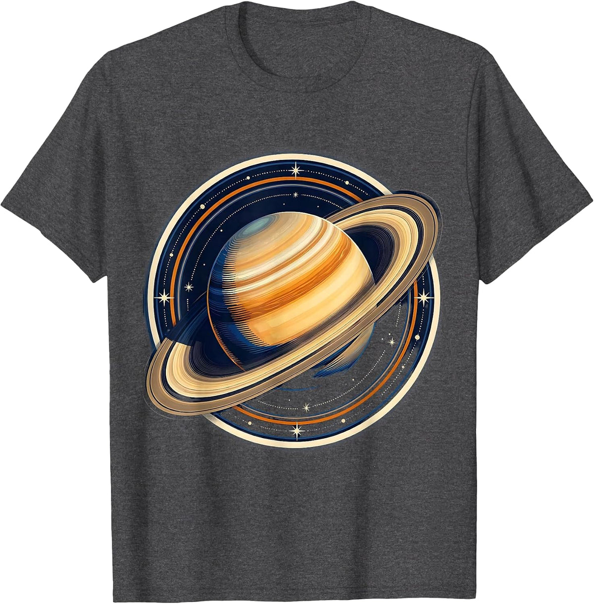 Saturn Close-Up Oversized Rings Space Illustration T-Shirt - Dark Heather Grey