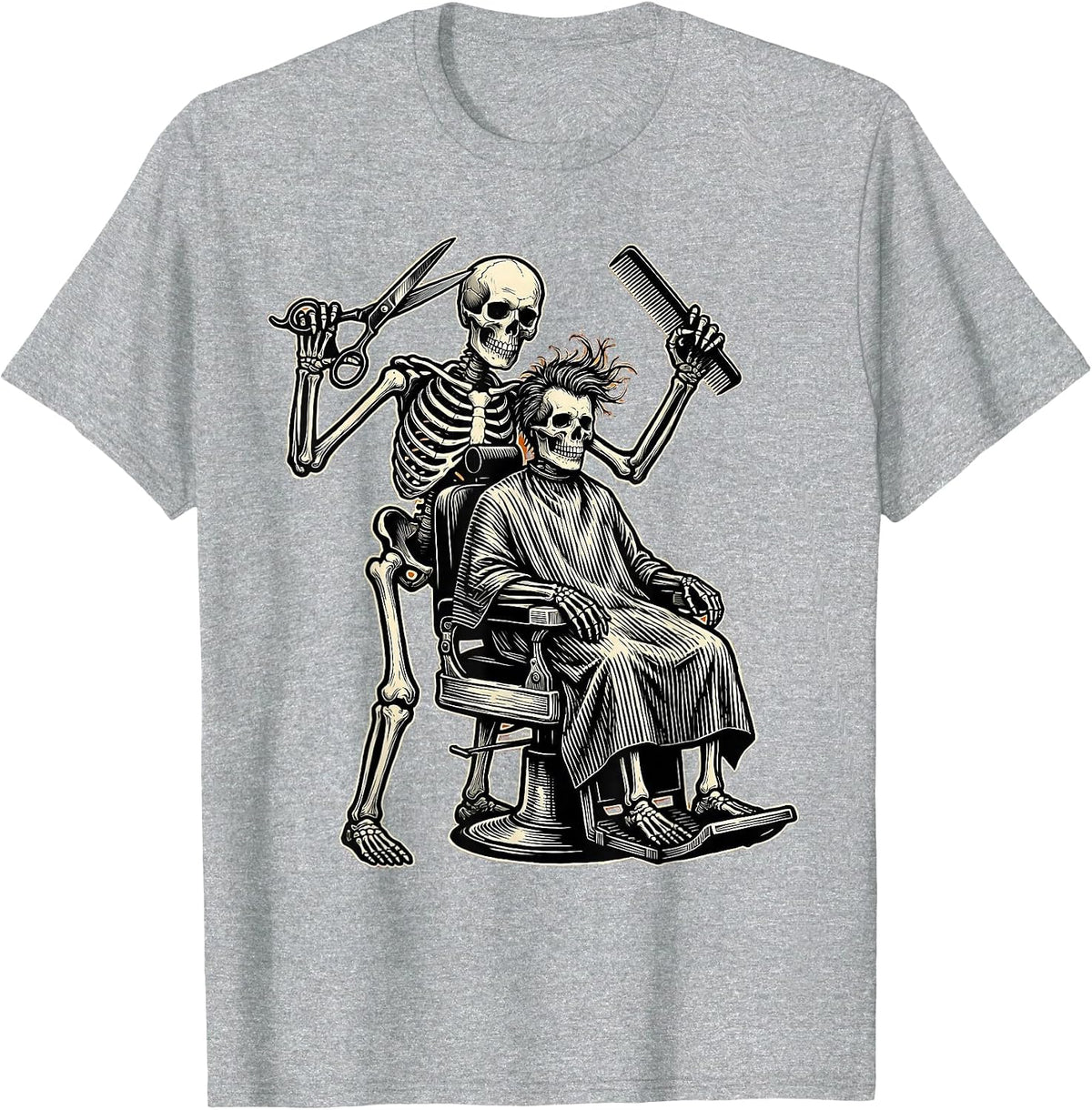 Men's Skeleton Barber Haircut Funny Halloween Graphic T-Shirt - Heather Grey