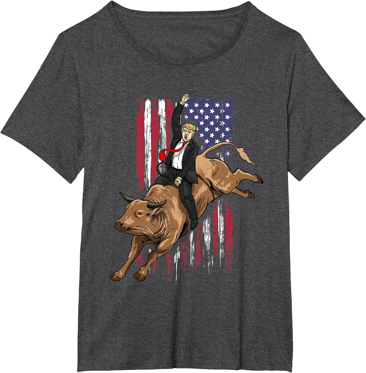 Trump Rodeo Bull Rider Patriotic American Flag Trump Cowboys T-Shirt - Dark Heather Grey