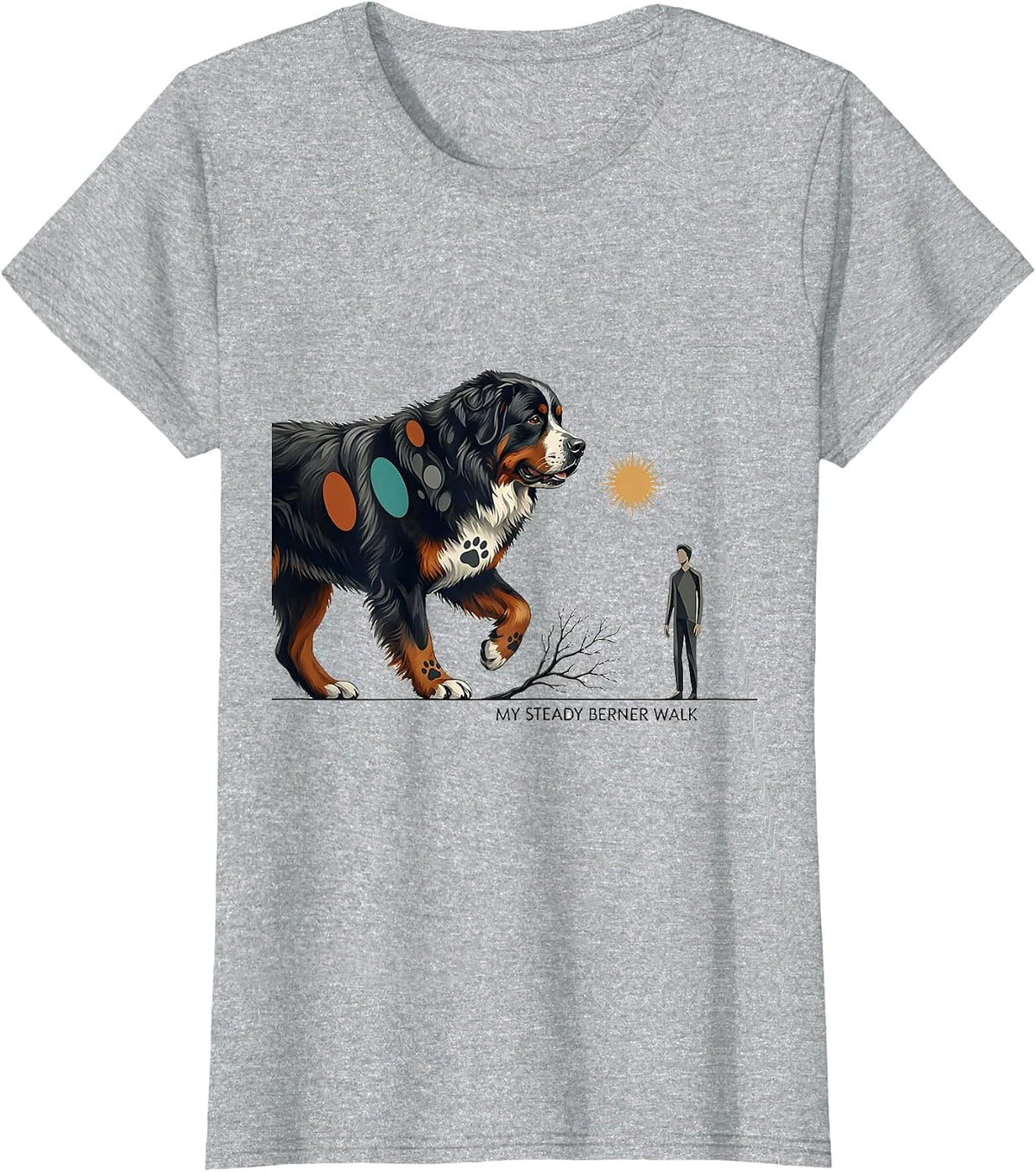 Women's My Steady Berner Walk Midcentury Modern Bernese Mountain Dog T-Shirt - Heather Grey