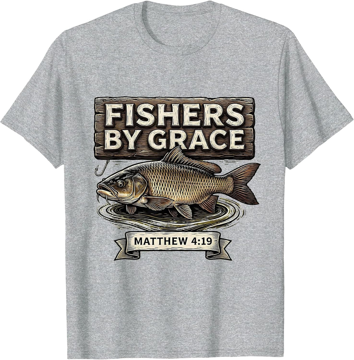 Men's Fishers By Grace Matthew 4:19 Christian Fishing Father T-Shirt - Heather Grey