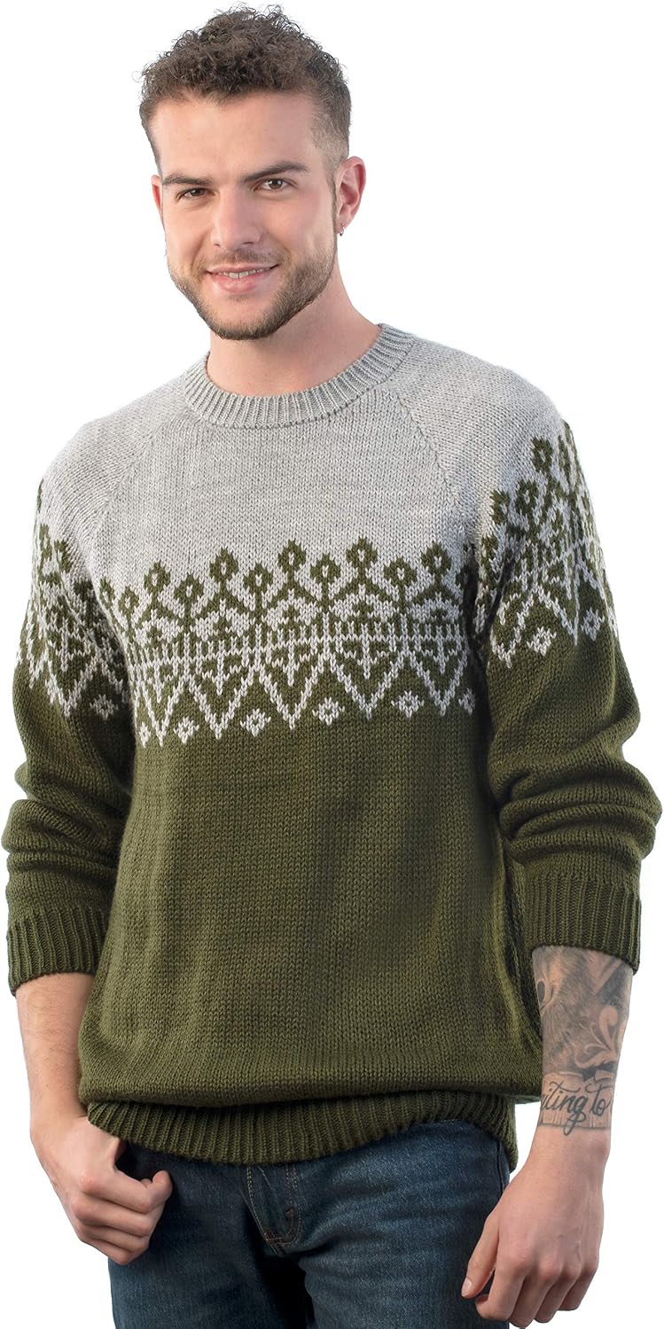 Handmade Crewneck Gray and Green Alpaca Sweater for Men - Green
