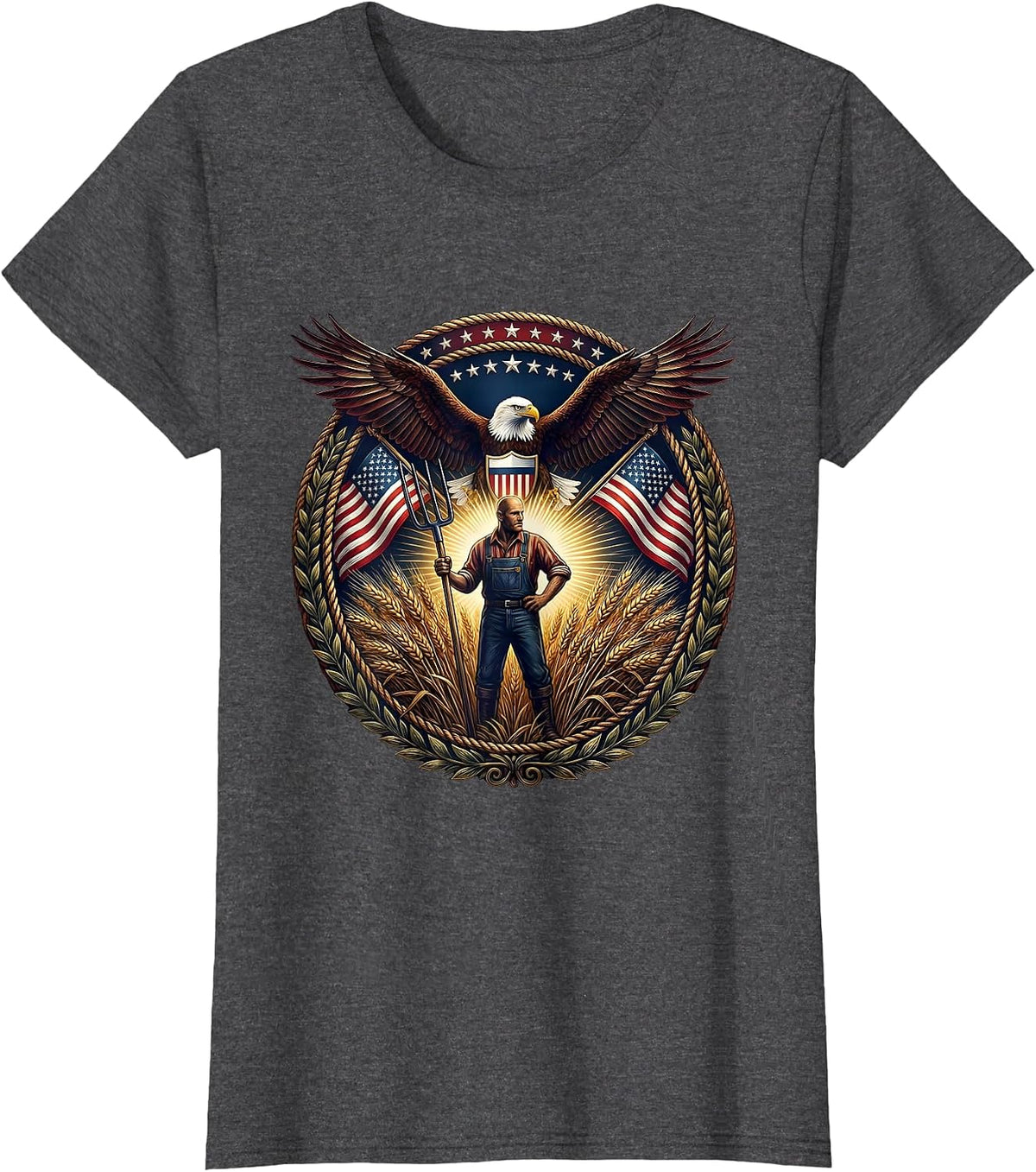 Women's Farmer Pitchfork Wheat Field Harvest Illustration T-Shirt - Dark Heather Grey