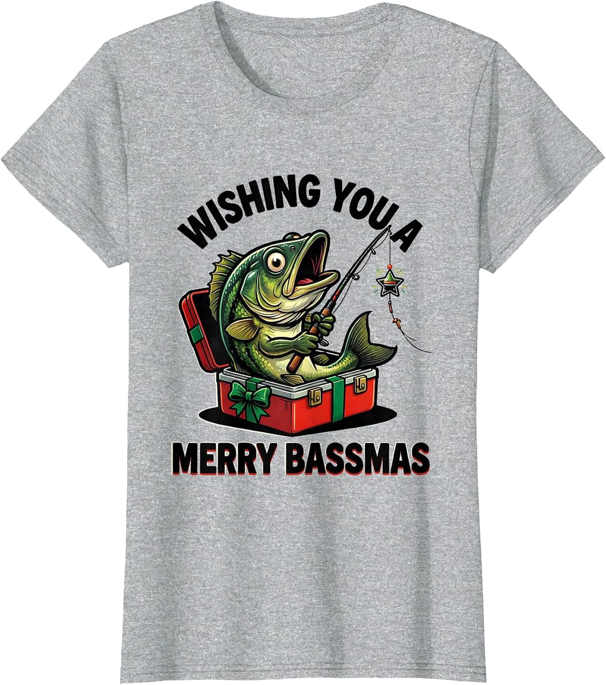 Women's Wishing You a Merry Bassmas Funny Cartoon Christmas Fishing T-Shirt - Heather Grey