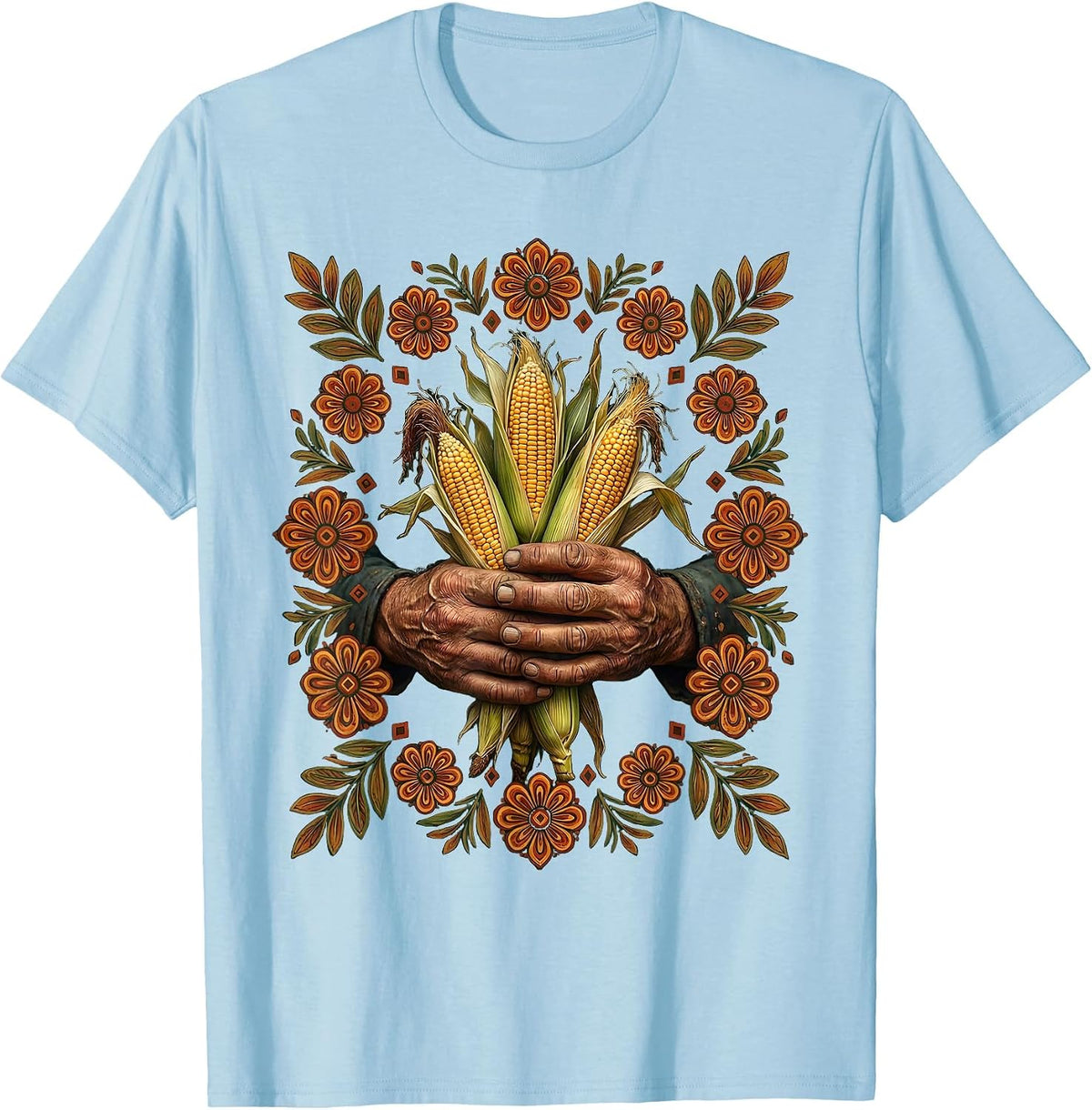Men's Mexican Farmer Hands Holding Corn Stalks T-Shirt - Baby Blue