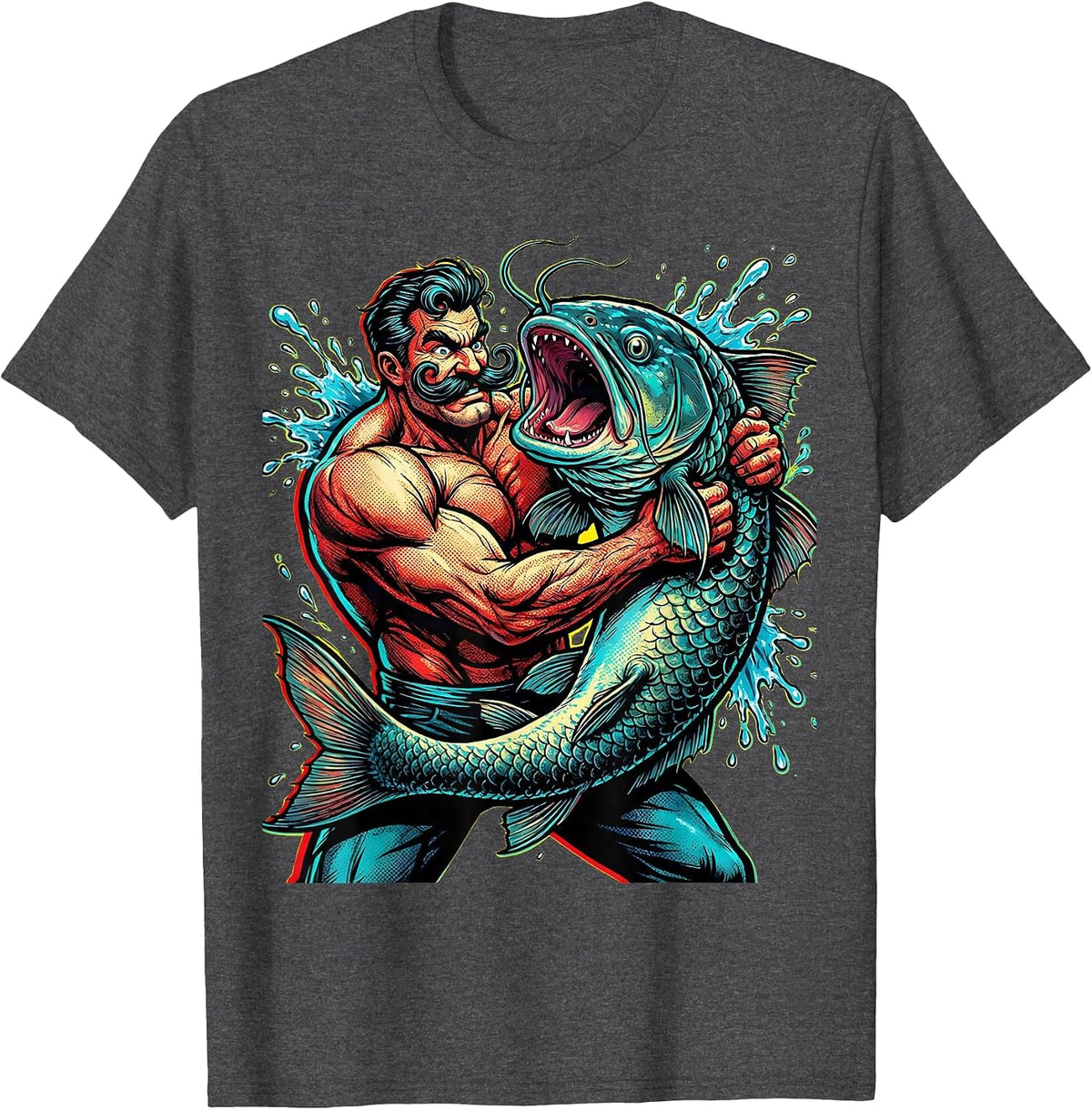 Men's Catfish Wrestling Mustached Fighter Novelty Graphic T-Shirt - Dark Heather Grey