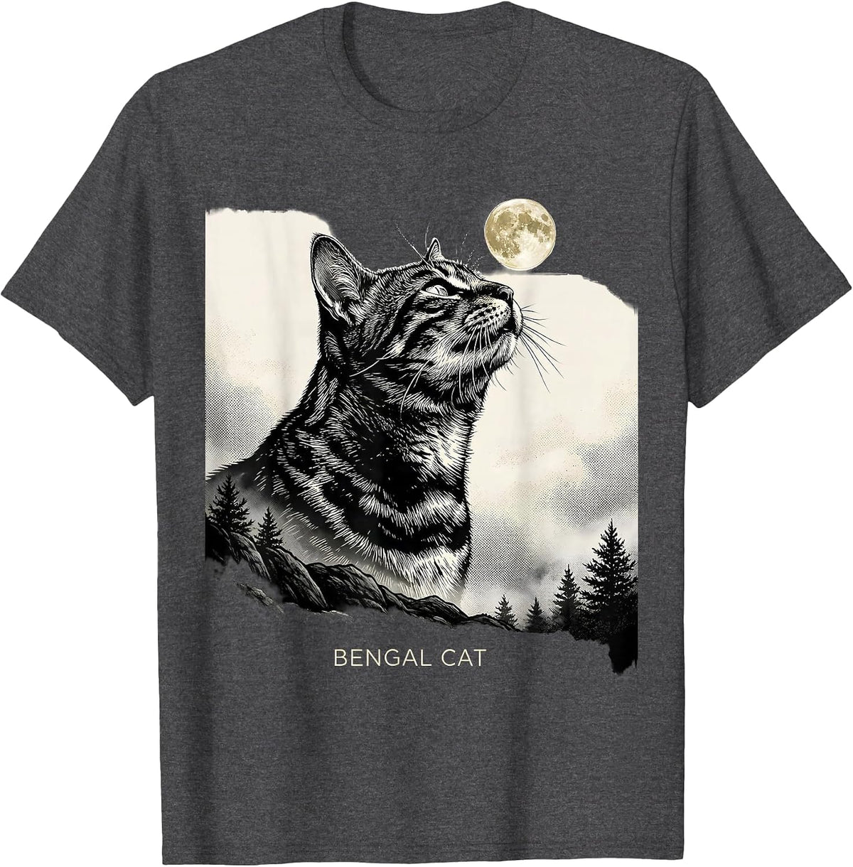 Men's Bengal Cat Howling at Moon Retro Fantasy Novelty T-Shirt - Dark Heather Grey