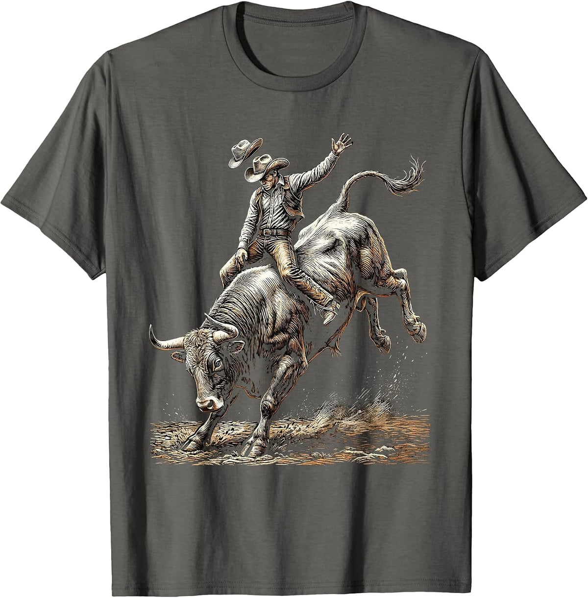 Rodeo Cowboy Bull Riding Graphic Tee T-Shirt - Asphalt Grey
