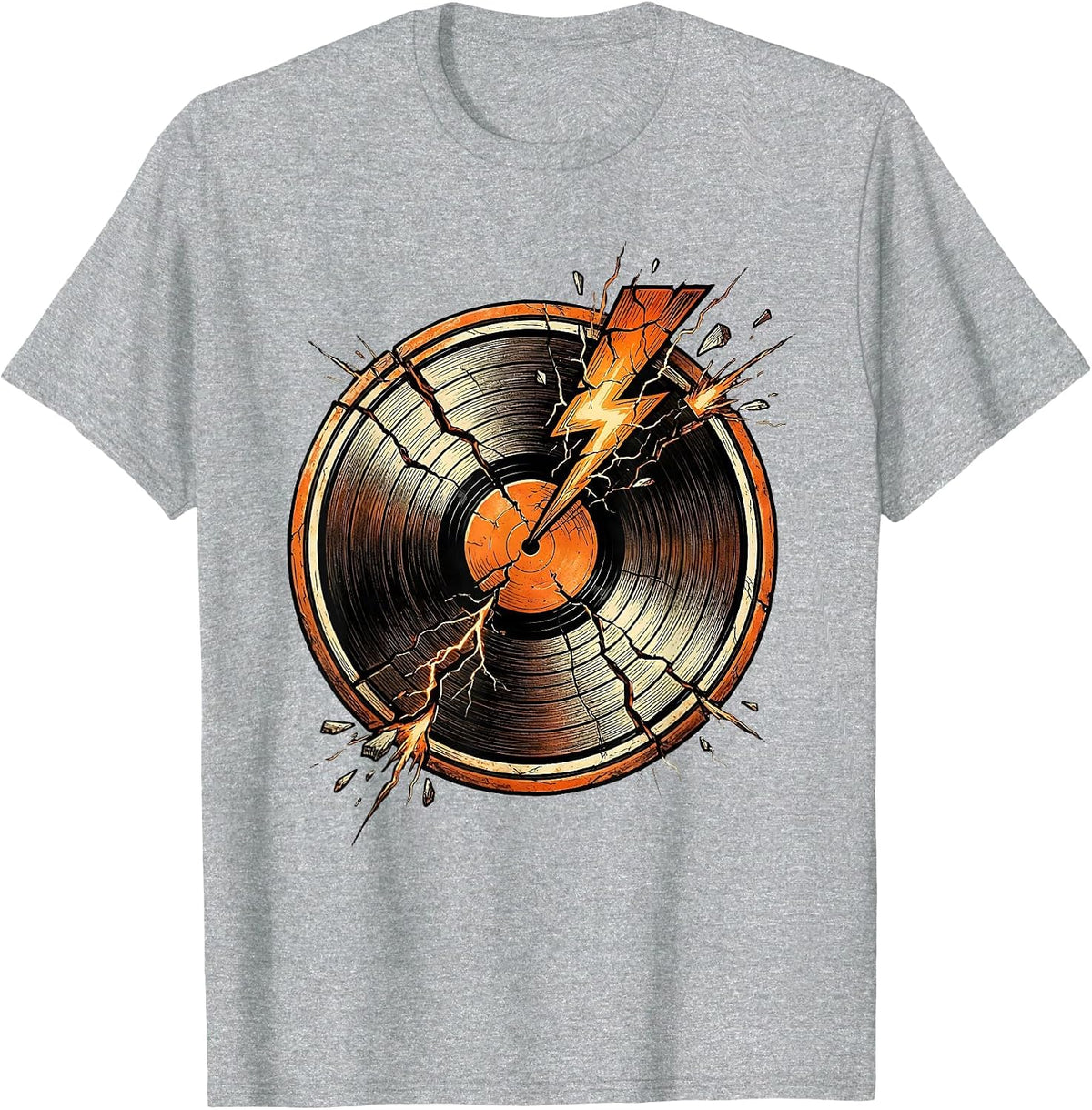 Men's Cracked Vinyl Record Lightning Strike Classic Rock Art T-Shirt - Heather Grey