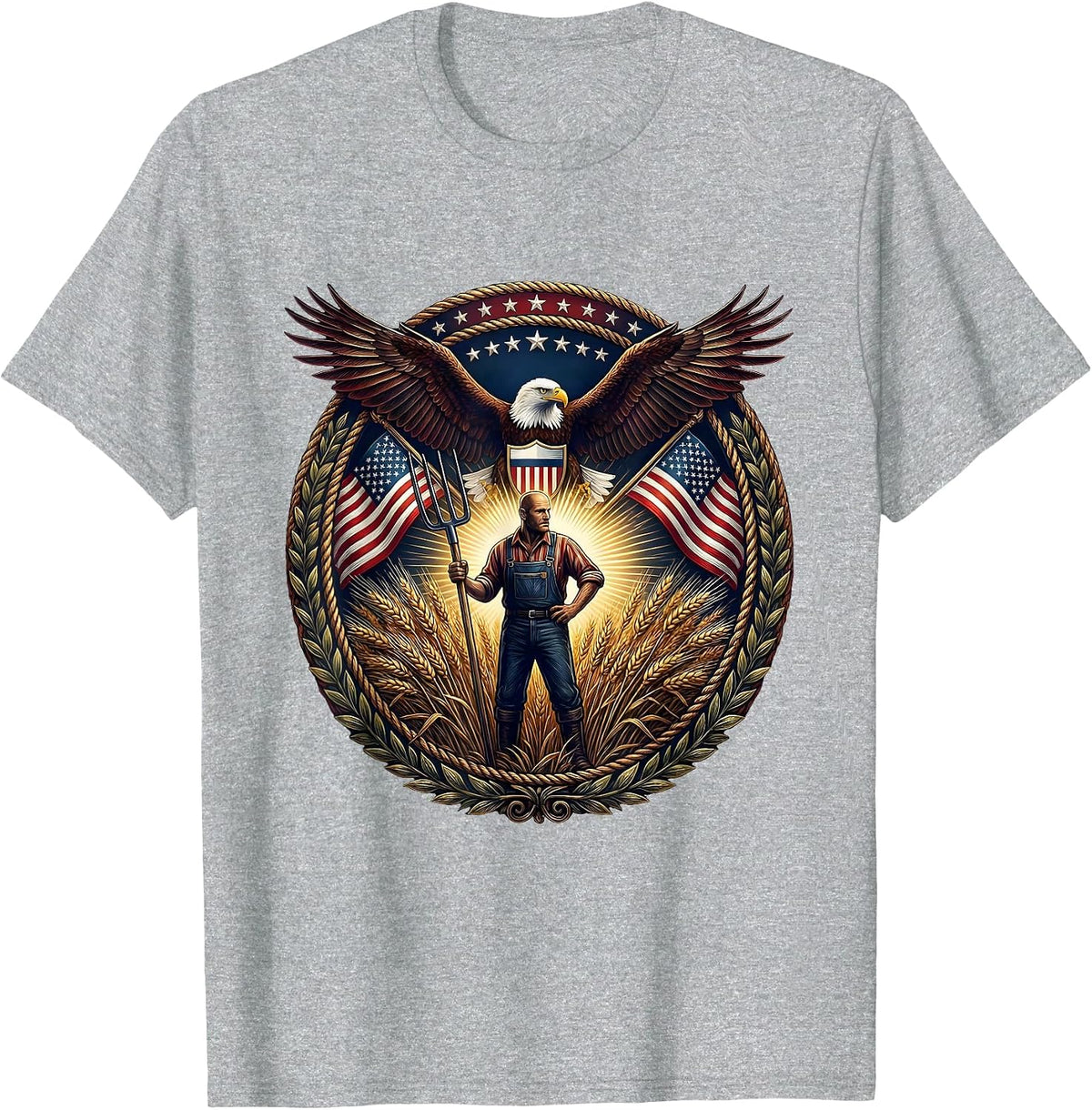 Men's Farmer Pitchfork Wheat Field Harvest Illustration T-Shirt - Heather Grey