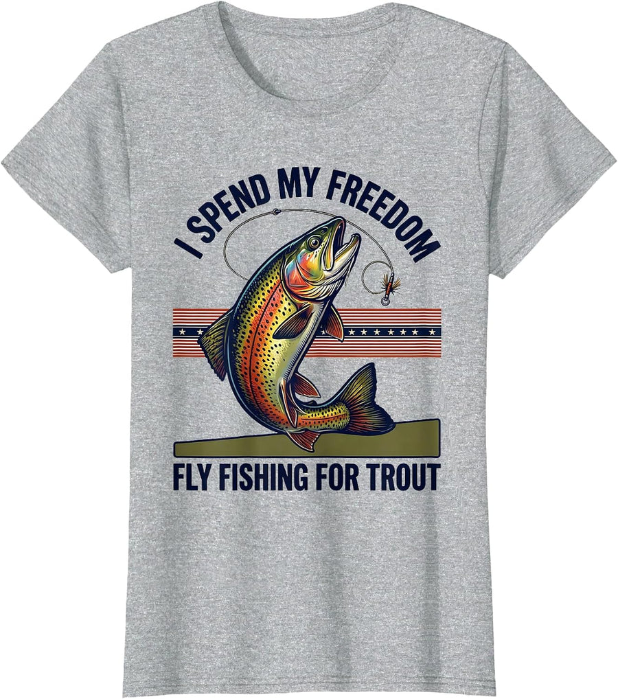 I Spend My Freedom Fly Fishing For Trout Patriotic T-Shirt - Heather Grey