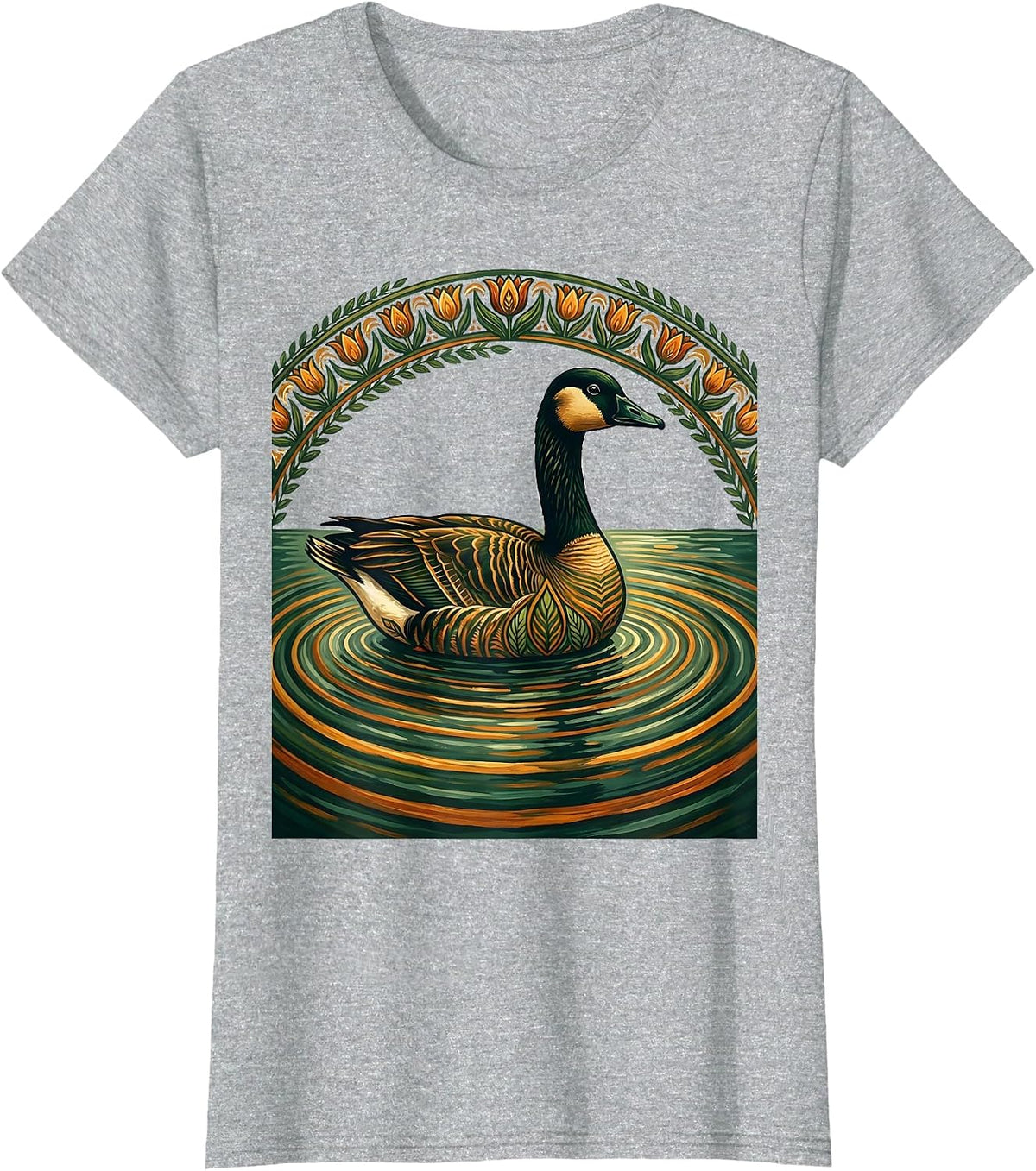 Goose Silhouette Misty Lake at Dawn Graphic T-Shirt - Heather Grey