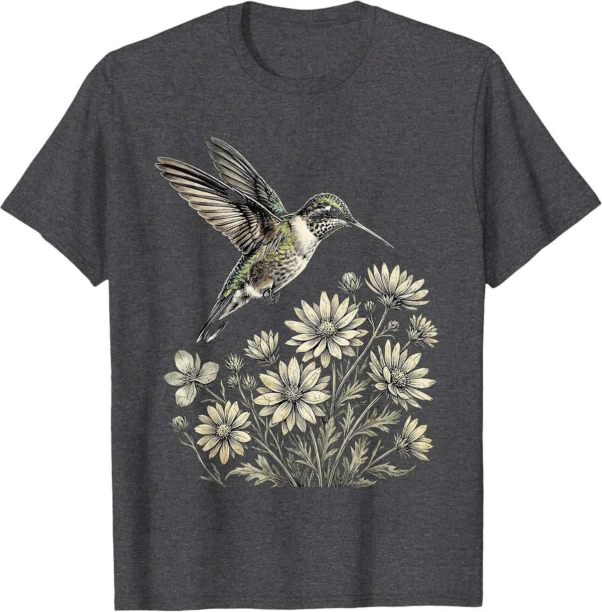 Men's Hummingbird Red White Blue Flowers Patriotic T-Shirt - Dark Heather Grey