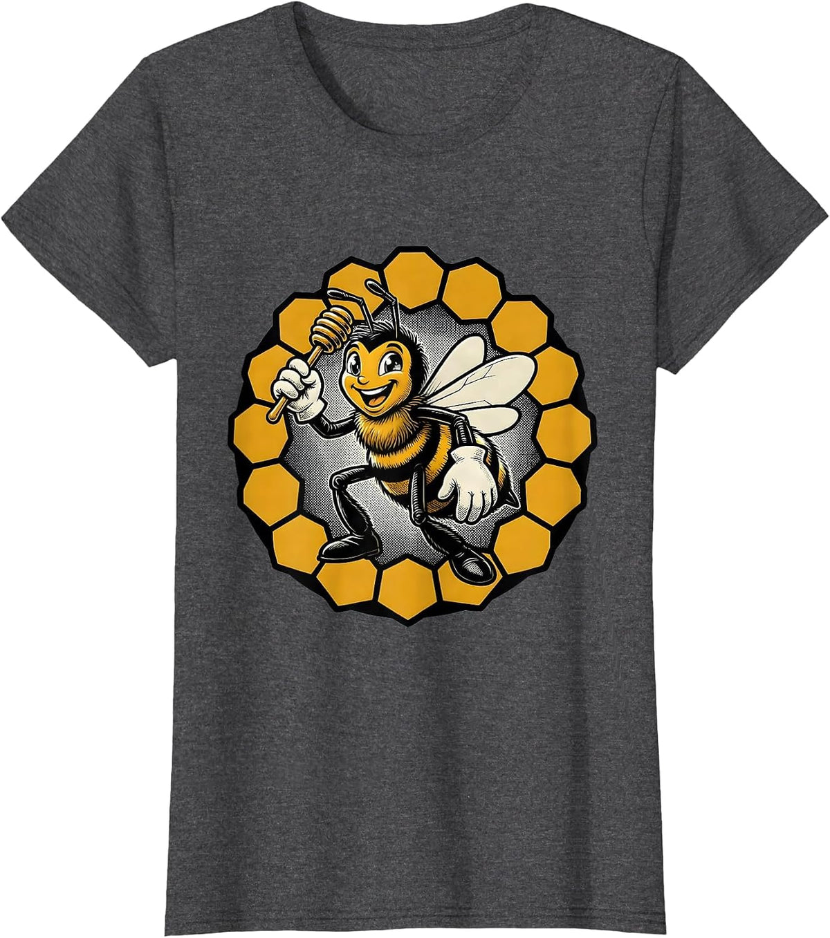 Women's Retro Cartoon Honeybee Character Novelty Humor T-Shirt - Dark Heather Grey