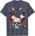 Crossed Guitars Cracked Skull Metal Band Graphic T-Shirt - Heather Blue