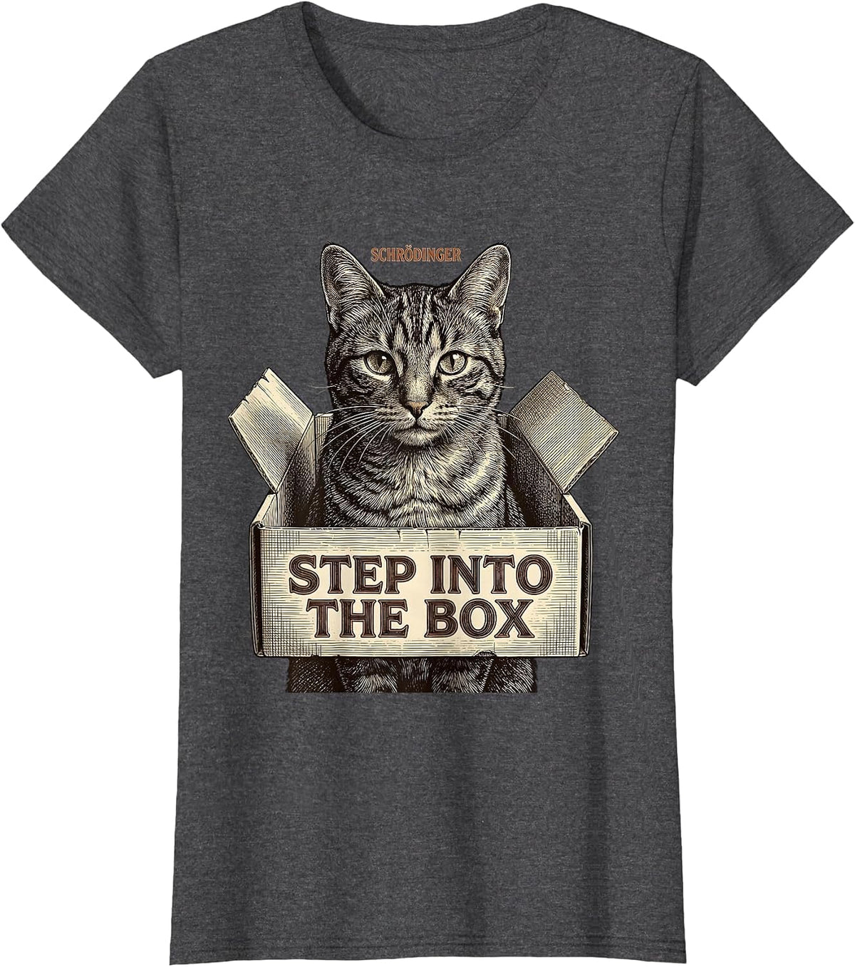 Women's Schrödinger, Step Into the Box Funny Quantum Physics Cat T-Shirt - Dark Heather Grey