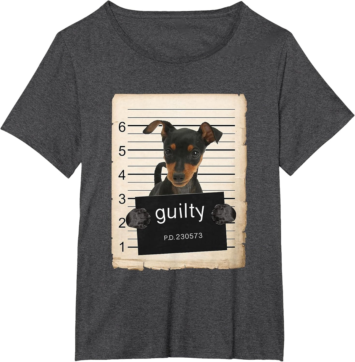 Miniature Doberman Pinscher Dog Mug Shot Bad Dog T-Shirt - Dark Heather Grey
