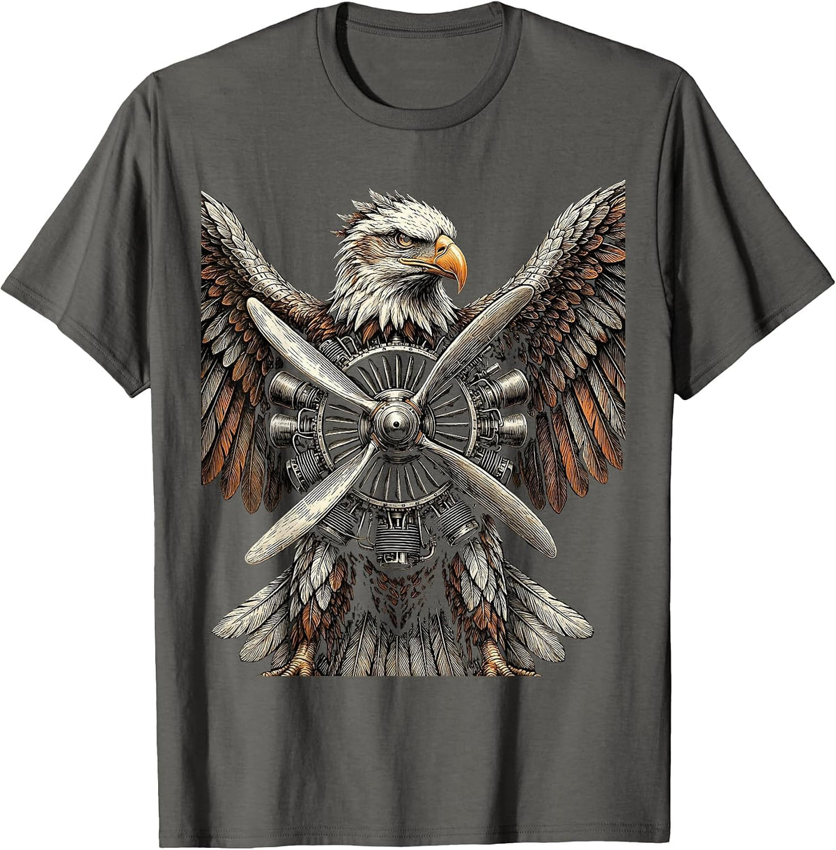 Mechanical Eagle Airplane Engine Illustration T-Shirt - Asphalt Grey
